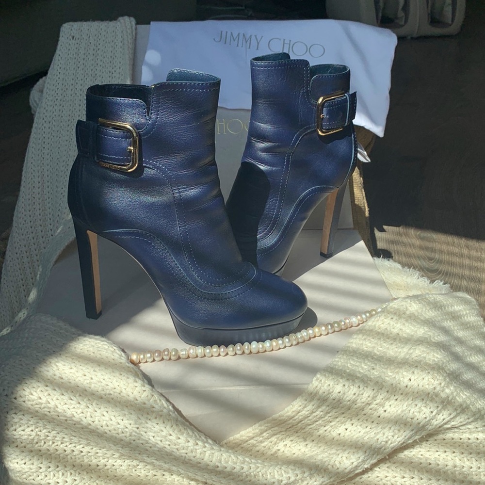 As new, worn once. Navy Smooth Leather Jimmy Choo Britney 115 Boots - VERY RARE.